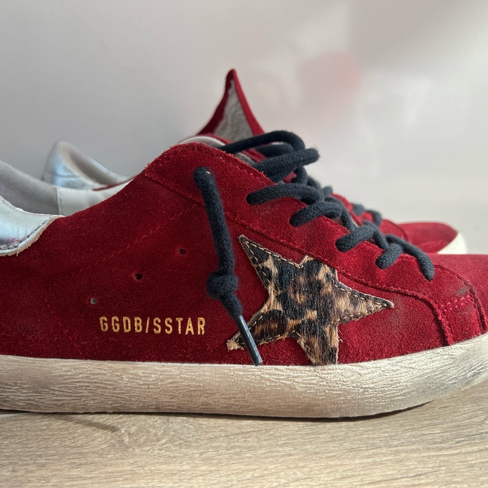Golden Goose Red Sneakers with Unique Star Patch and Soft Suede